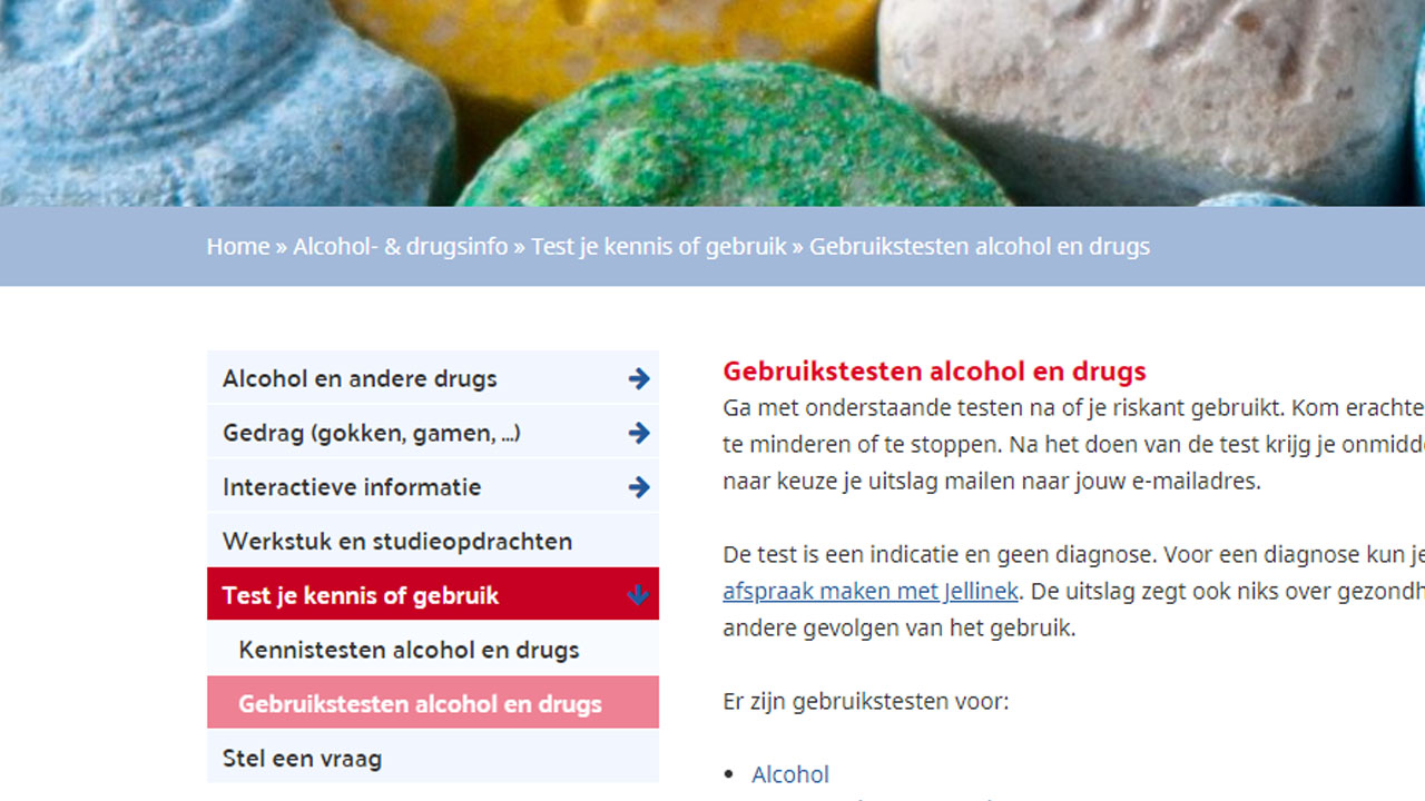 Foto van de website van Jellinek.nl, doe de drugtest hier